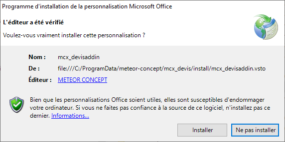 Ecran d'avertissement avant installation sur office