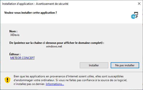 Ecran avertissement sécurité avant installation XlDevis