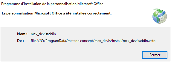 Fenêtre de fin d'installation du complément office