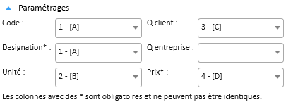 Fenetre d'importation ou d'exportation vers document client