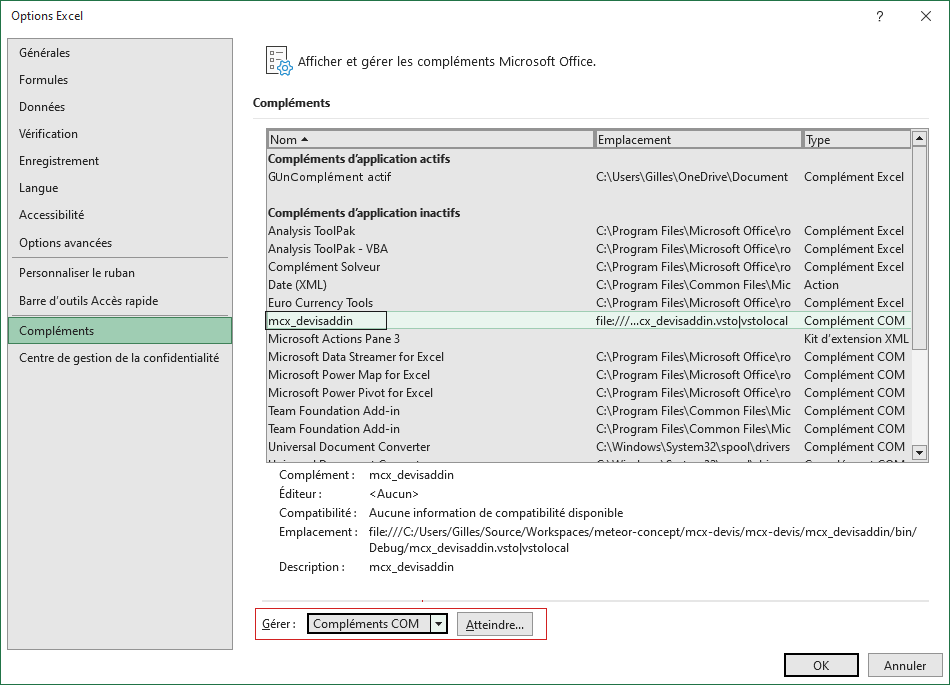 Fenetre option Excel
