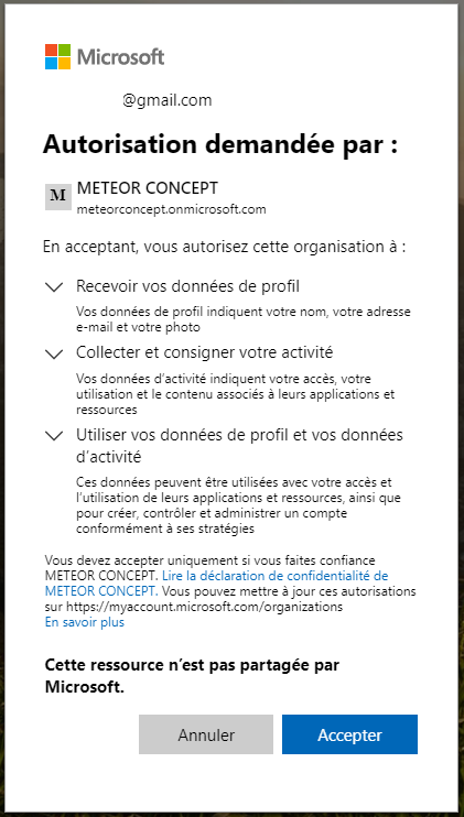 Fenêtre de validdation des autorisations Microsoft