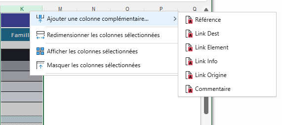 Menu contextuel colonne ajouter colonne complémentaire
