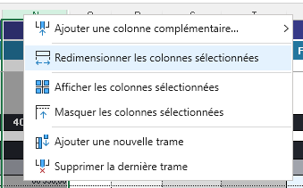 Menu contextuel colonne Redimensionnement colonne complémentaire