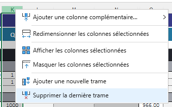 Menu contextuel colonne supprimer trame