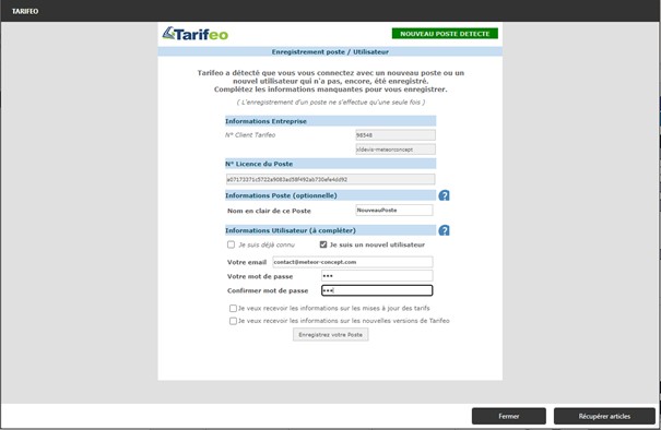 Fenêtre de connexion nouvel utilisateur