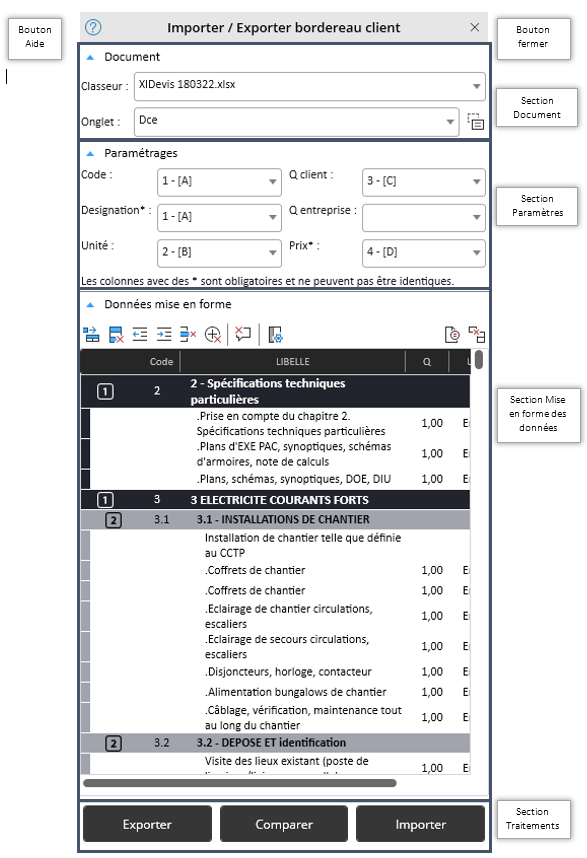 Fenetre d'importation ou d'exportation vers document client